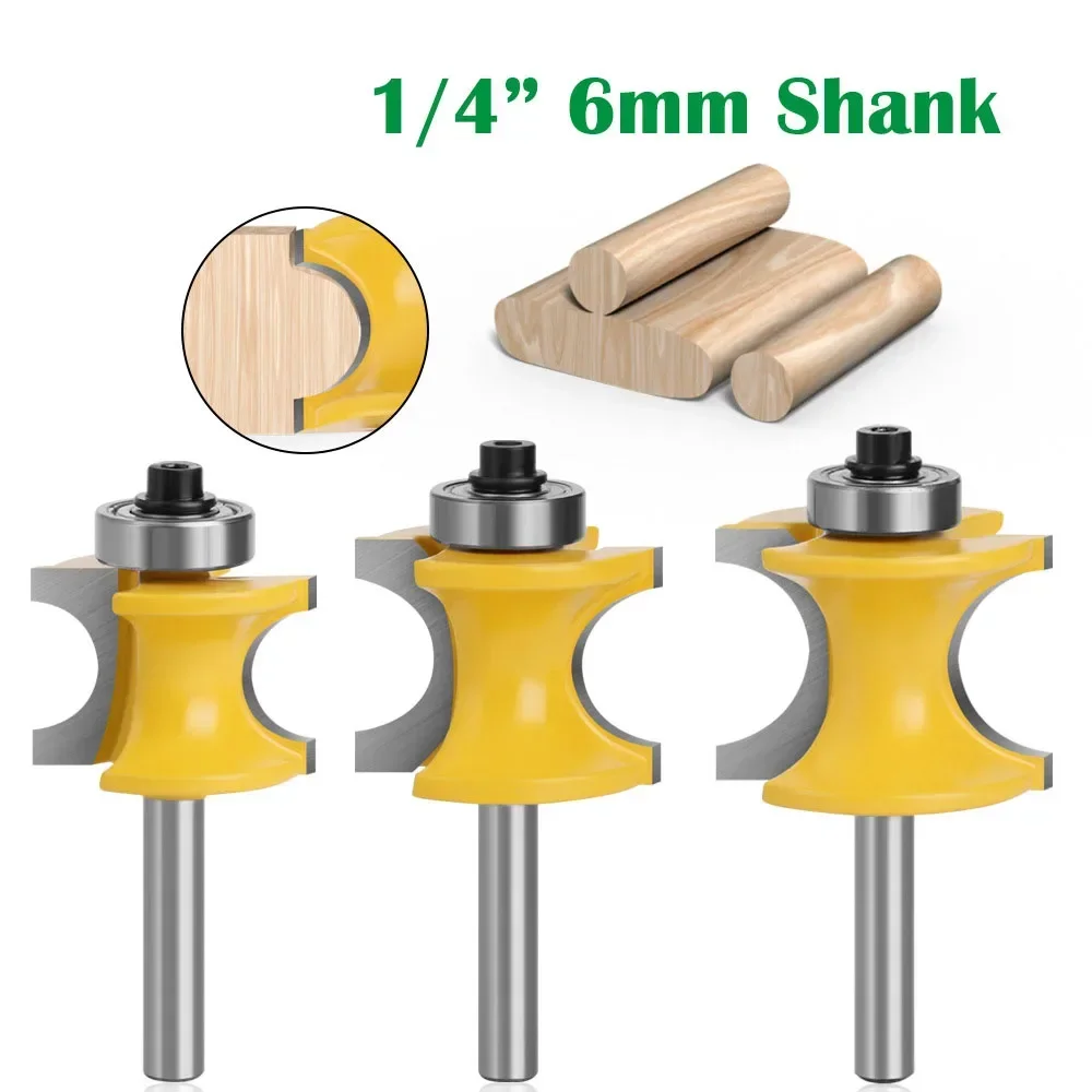 3pcs 6mm 1/4 Shank Half Round Corner Round Over Router Bit with BearingMilling Cutter for Wood Woodwork Tools Tungsten Carbide