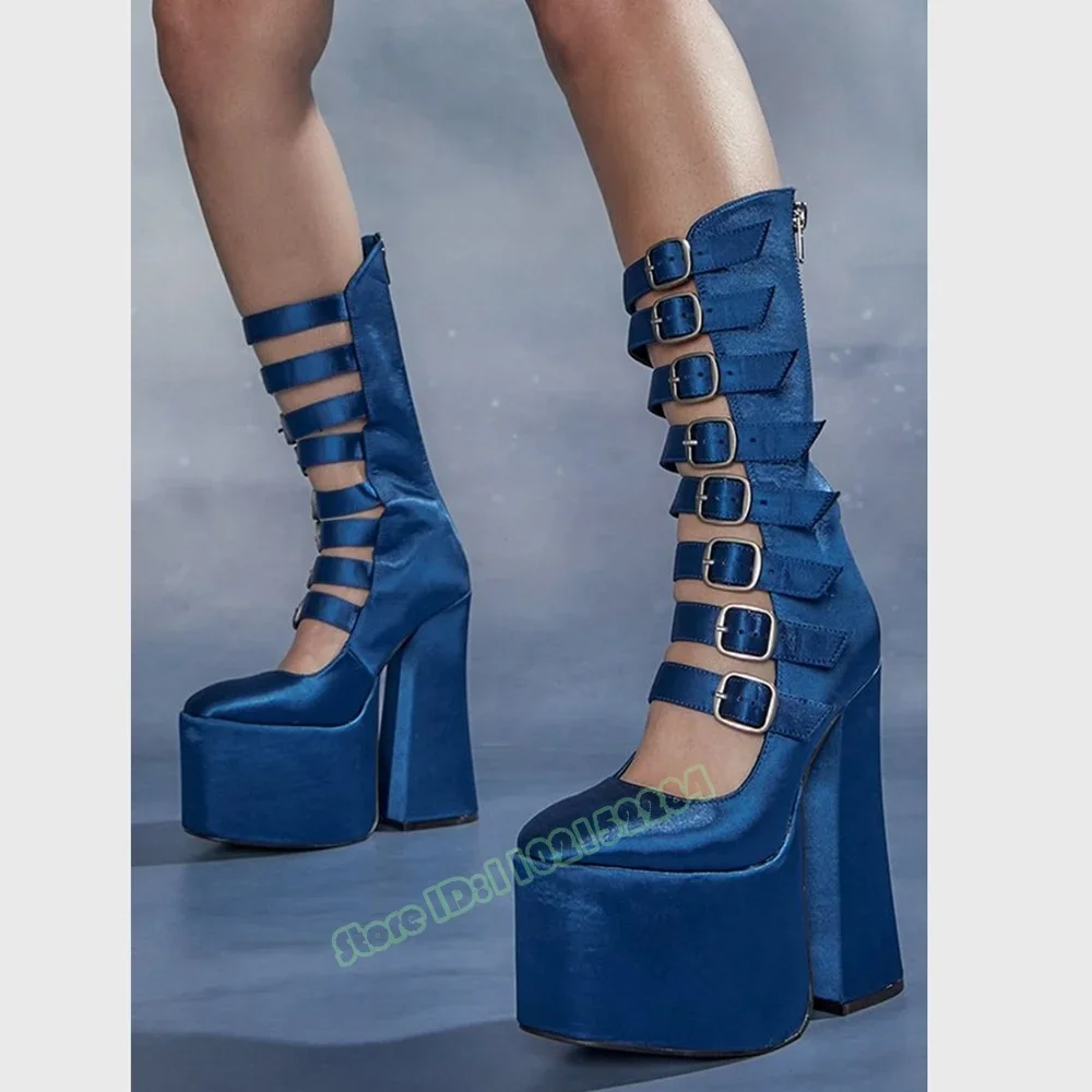 

Buckles Straps Sandal Boots Thick Sole Platform Chunky High Heels Solid Women Shoes Summer Party Runway Zipper Blue Boots New