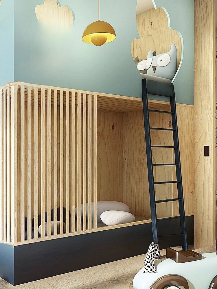 Tempat tidur kayu solid, rumah bermain anak, tempat bermain rahasia model awan, model tangga