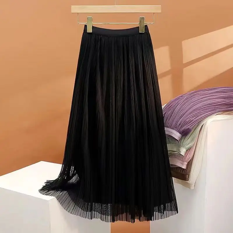 

Summer New Mesh Skirt Type a High Waist Gauze Pleated Mid-Length Skirt Versatile Small Fairy A- line Skirt Korean Chiffon Skirt