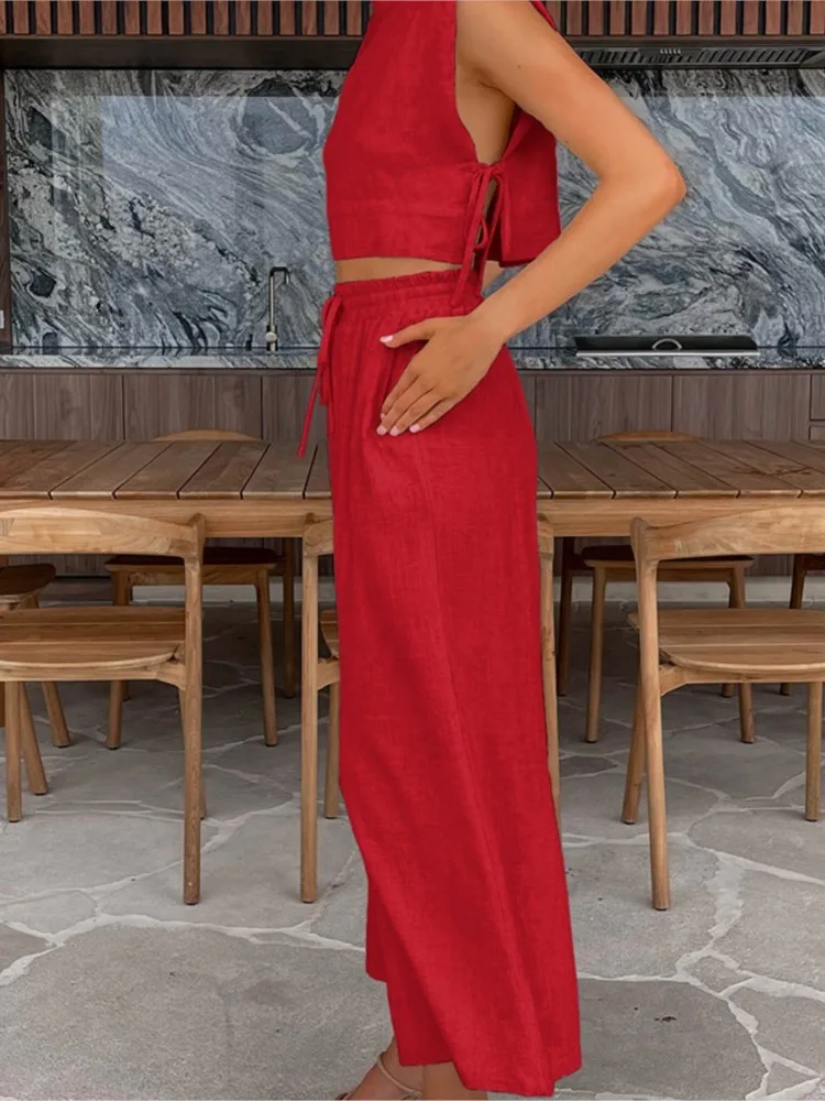 

Fashion Cotton And Linen Pants Set Women's Summer Commuting Style Elegant Sleeveless Lace-up Top Wide-leg Trousers Two-piece Set