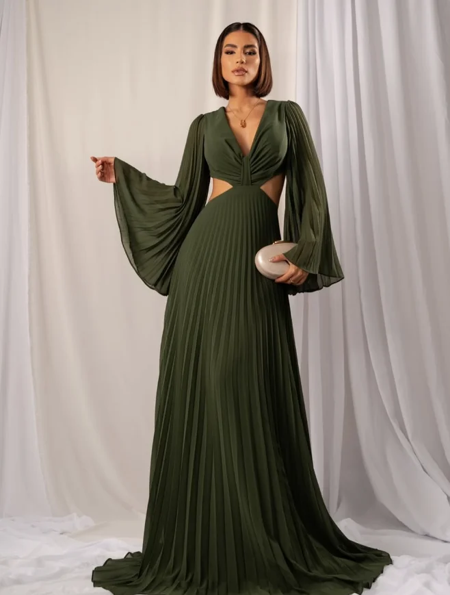 تخصيص جودة عالية طول الأرض التجاعيد حزام الظهر عارية الذراعين كامل الأكمام الأزرق الخامس الرقبة Abiye Uzun Elbise Modelleri Fساتين