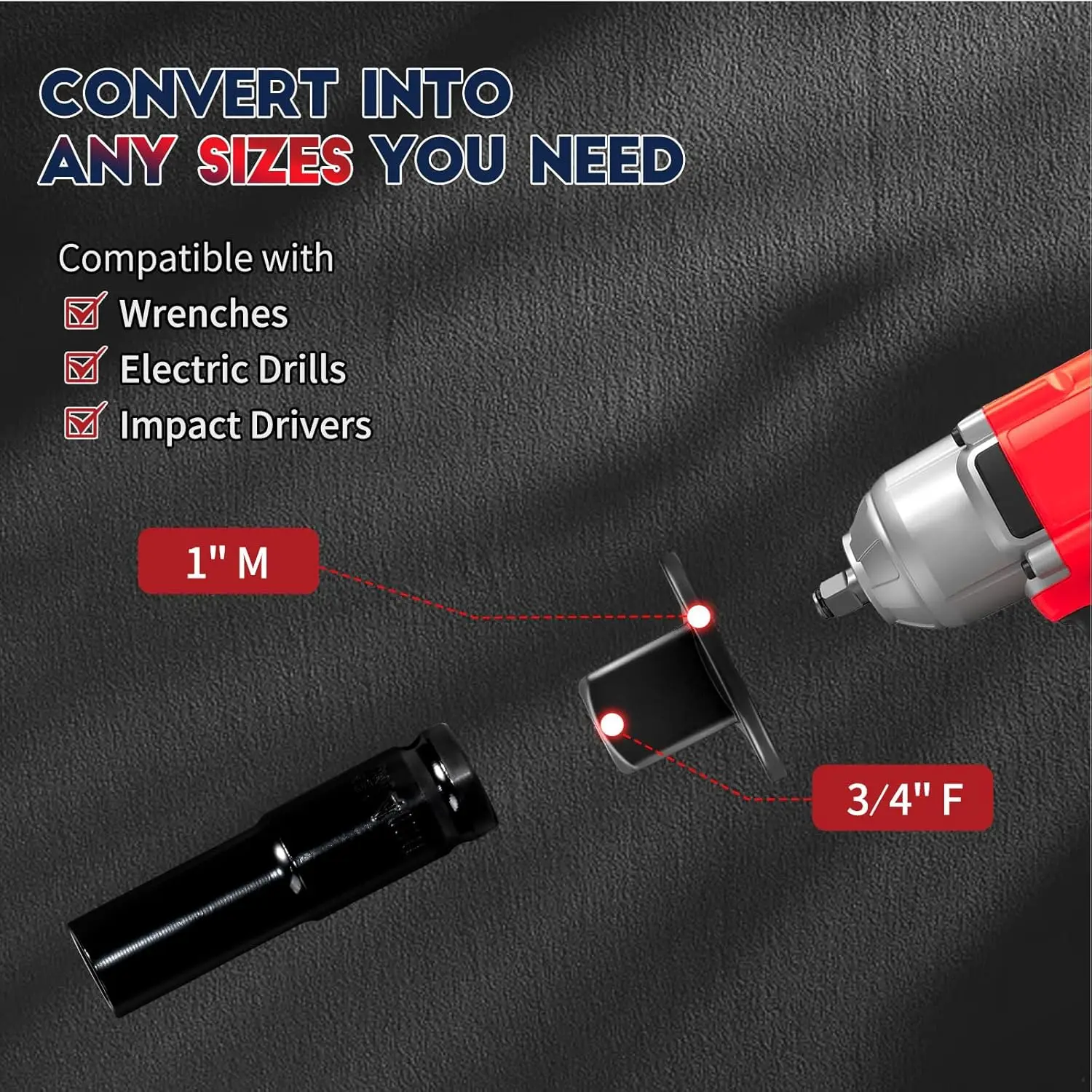 Low-Profile Impact Socket Adapter Set Magnetic Drive Ratchet Adapter 3/8-1/2,1/4-3/8,3/4-1,1/2-3/4 Designed for Tight Spaces