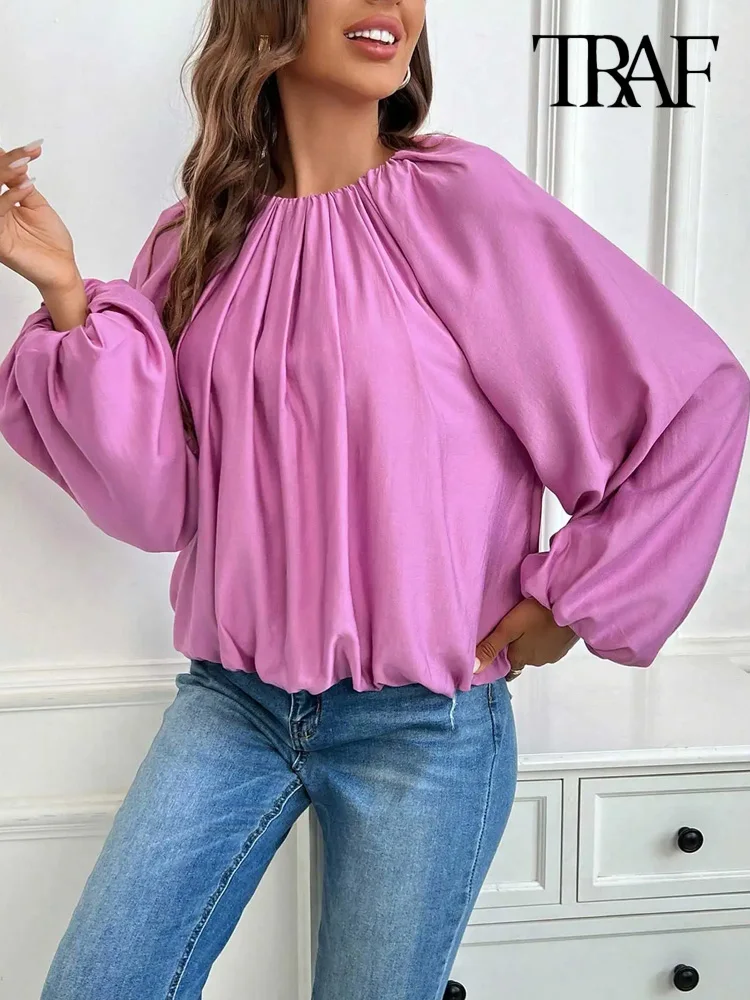 TRAF Women Fashion Loose Pleated Blouses O Neck Puff Sleeves Female Shirts Chic Tops