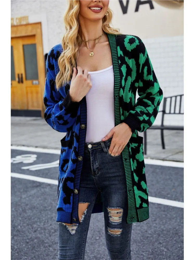 2024 Autumn Winter Women's New Product Sweater Fashion Leopard Pattern Splicing Cardigan Medium Long Coat For Women