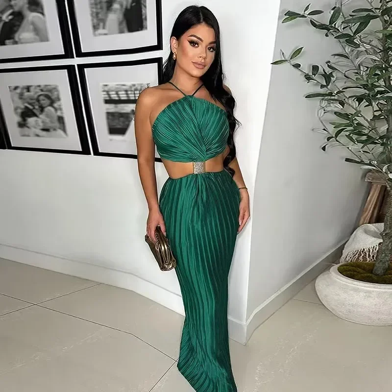 

Sexy Halter Lace-up Backless Party Long Dress Women Celebrity Elegant Off Shoulder Pleated Birthday Nightclub Evening Dresses