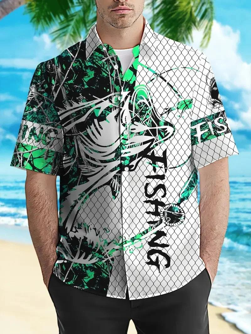 Men's Casual Fishnet Print Short Sleeve Hawaiian Shirt - Breathable Polyester, Perfect for a Summer Getaway