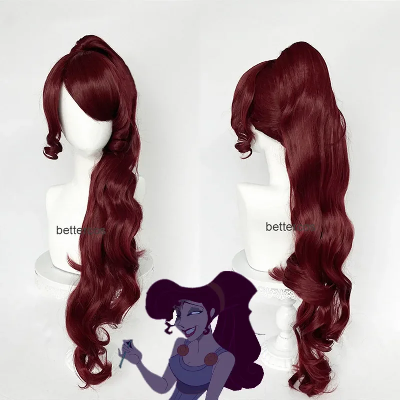 Princess Megara cosplay wig WY long clip ponytail dark wine red heat resistant synthetic hair anime wigs wig cap