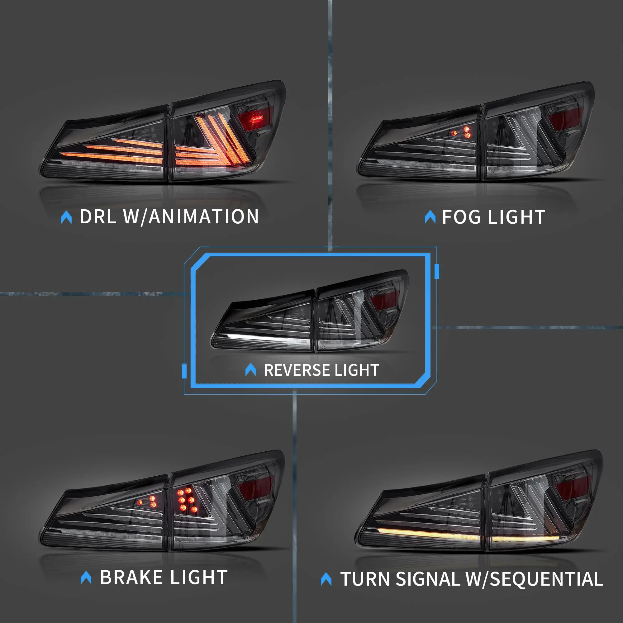 For LED Tail Lights with Animation DRL Sequential Turn Signal for Lexus IS250 IS300 Sedan 2006-2012 Smoked Pair