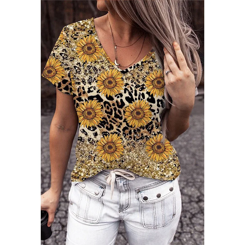 เสื้อยืดพิมพ์ลาย 3 มิติ ลายผีเสื้อ ลายเสือดาว ลายดอกไม้ สำหรับผู้หญิง คอวี แขนสั้น สไตล์ฮาราจูกุ ทรงโอเวอร์ไซส์ เสื้อผ้าผู้หญิง