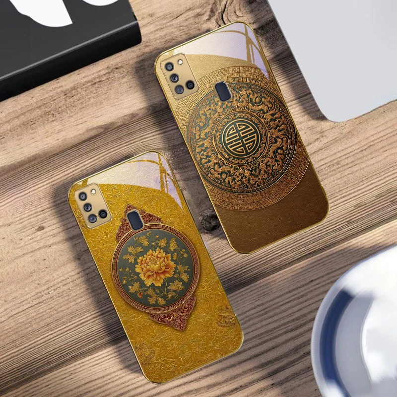 أقحوان أصفر لسامسونج A 31 32 A33 A34 35 14 A15 13 16 25 26 50 52 53 54 55 56 70 71 72 73 حافظة هاتف زجاجية ذهبية