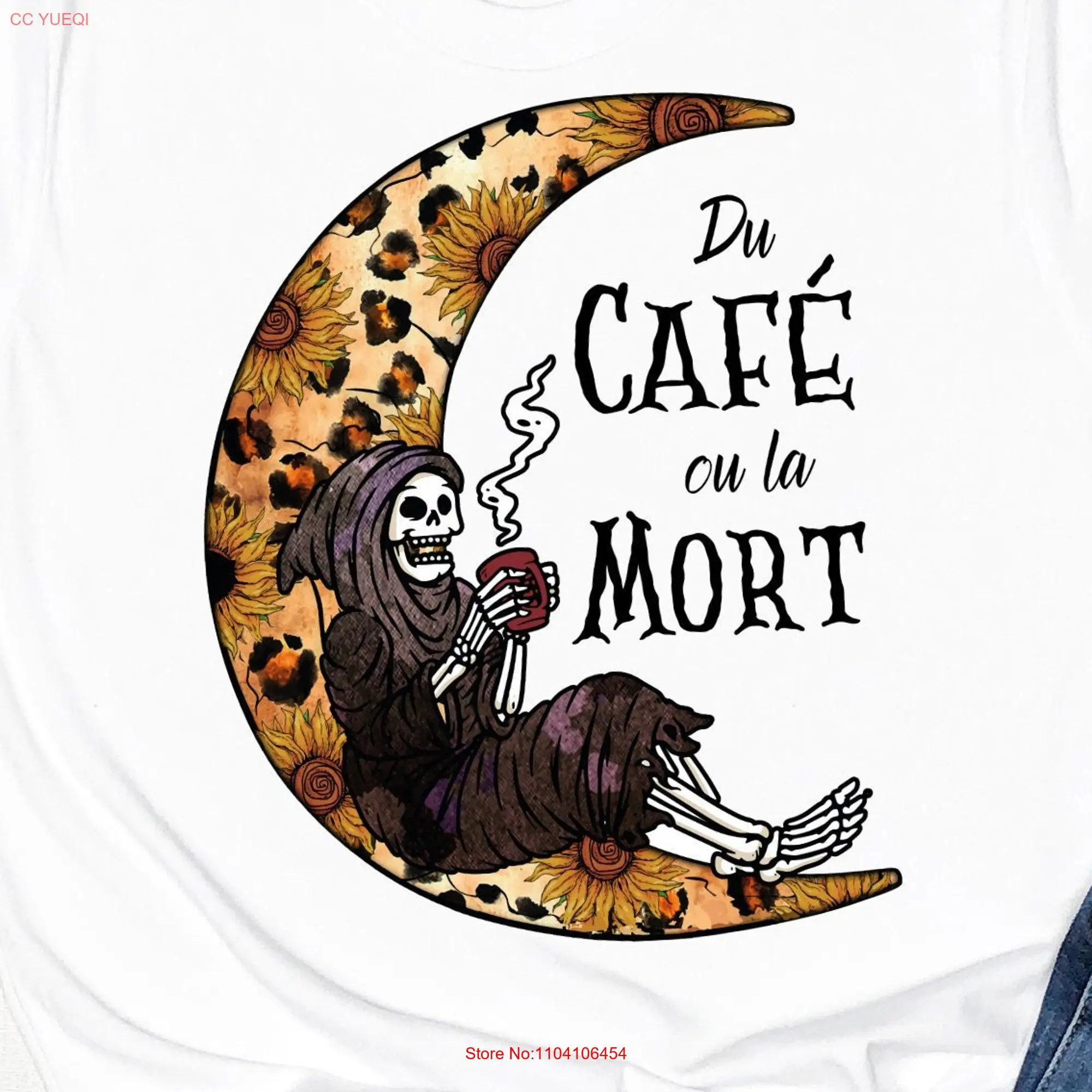 Camiseta Halloween Homme Femme Idée Cadeau Papa Maman Café Lune et Squelette Drole Francia manga larga o corta