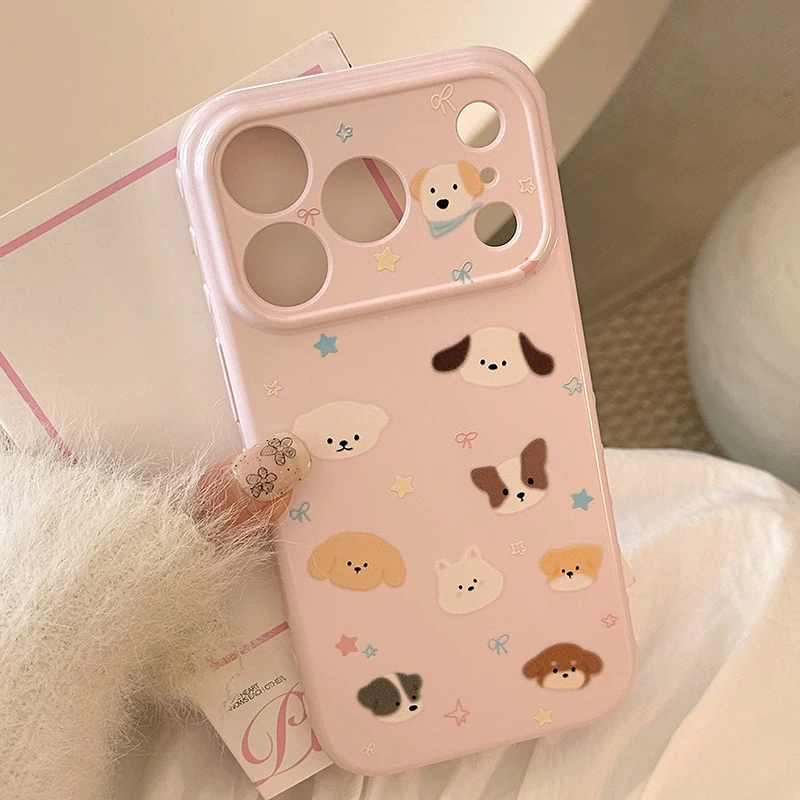 

Korean Cute Puppy Candy Color Soft Heart Relief Side Phone Case For iPhone 17 16 15 Pro Max 14 13 12 11 Pro Shockproof Cover