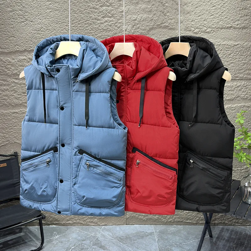 

Autumn Winter Men Thicken Cotton Waistcoat Sleeveless Jacket Warm Detachable Hat Outerwear Hooded Vests Male Solid Color Coats