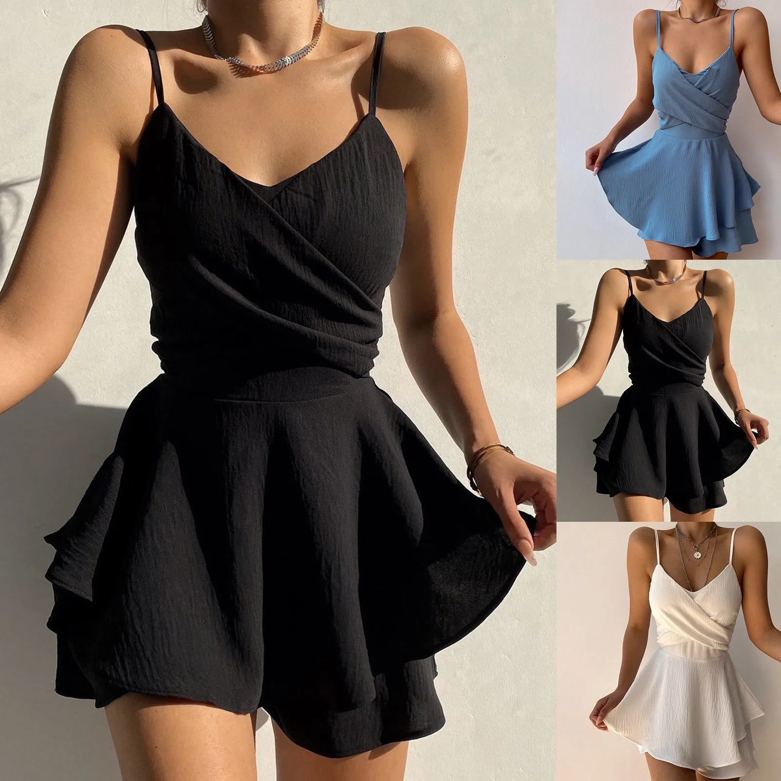 

2024 Summer Women Sexy Spaghetti Strap Dress V-neck Cross Off Shoulder Mini Dresses Vintage Solid Color Loose Party Dress