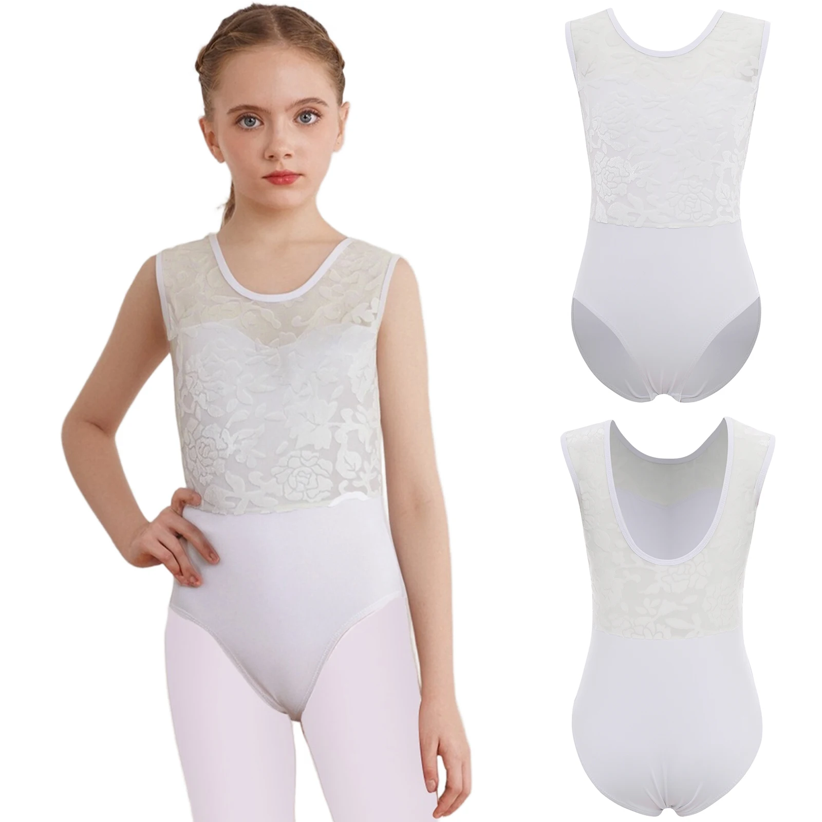 

Kids Girls Ballet Dance Leotard Soft Velvet Printed U-Back Sleeveless Mesh Patchwork Bodysuit for Practice Performance Costume