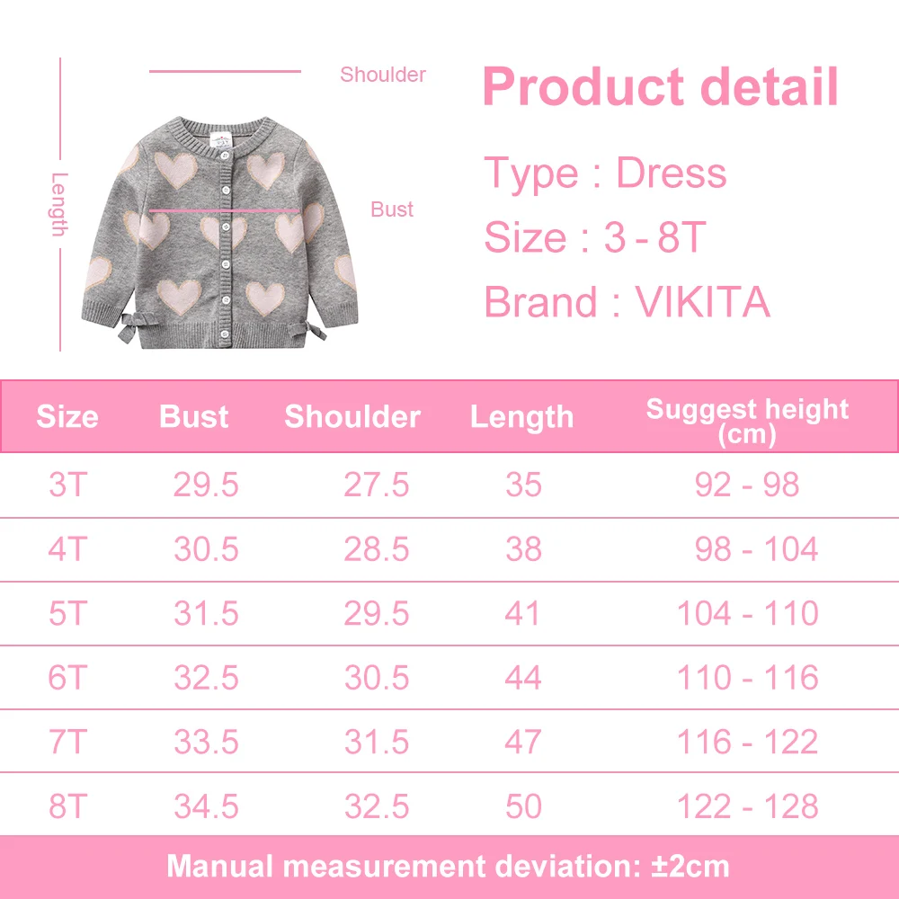 VIKITA Toddlers Girls Pink Heart Print Knitted Cardigan Kids Gray Sweater Coat Girls Soft Button Casual Warm Knitwear Tops 6 VIKITA Toddlers Girls Pink Heart Print Knitted Cardigan Kids Gray Sweater Coat Girls Soft Button Casual Warm Knitwear Tops 6
