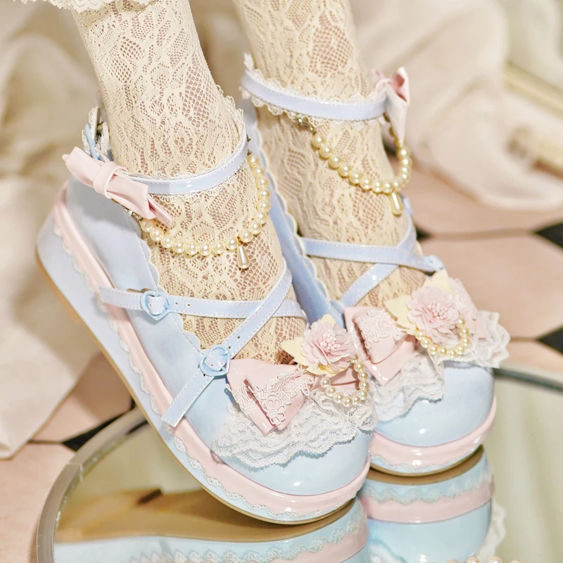 Japanese Girl Lolita Original Thick Soled Shoes With Pearl Bow And Round Toe Lolita Sweet Girl Tea Party Single Shoes