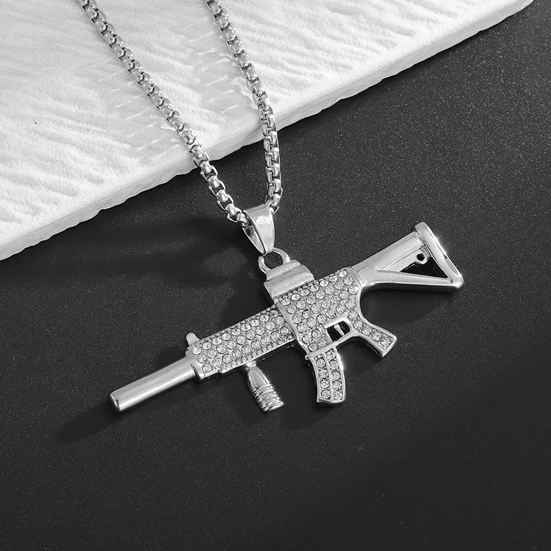 Punk M416 Assault Rifle Inlaid Zircon Pendant Necklace for Men Hip Hop Rock Trend Cool Jewelry Boy Gift