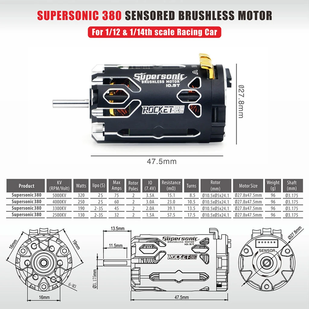 Surpass Hobby Rocket-RC Supersonic 380/390 8.5T 10.5T 13.5T 17.5T Brushless Sensored Motor suit per 80A ESC per 1/12 1/14 RC Car