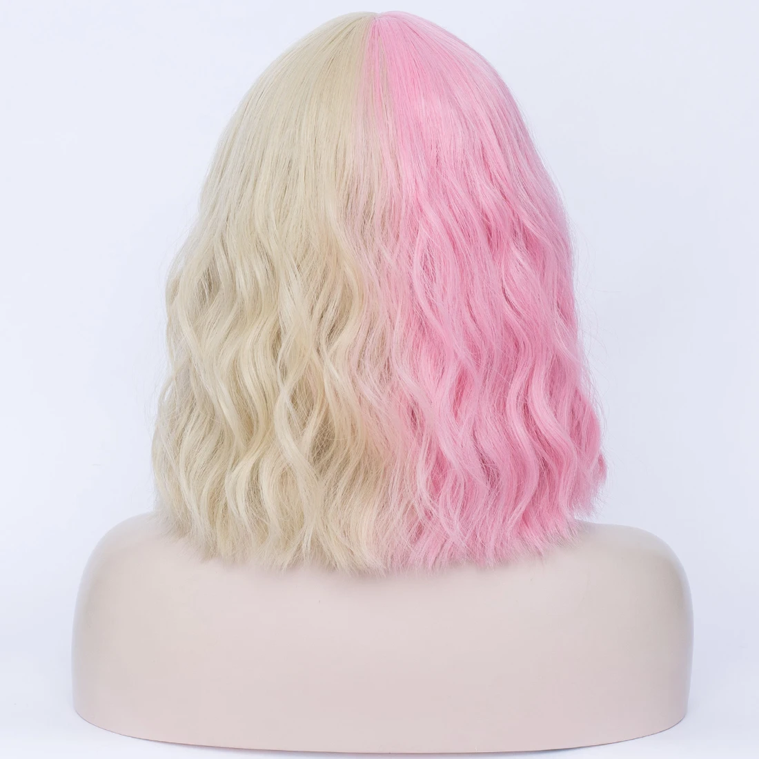 Two Tone Short Bob Wig with Bangs Half Pink Half Blonde Women’s Realistic Synthetic Wig Cosplay Party Look