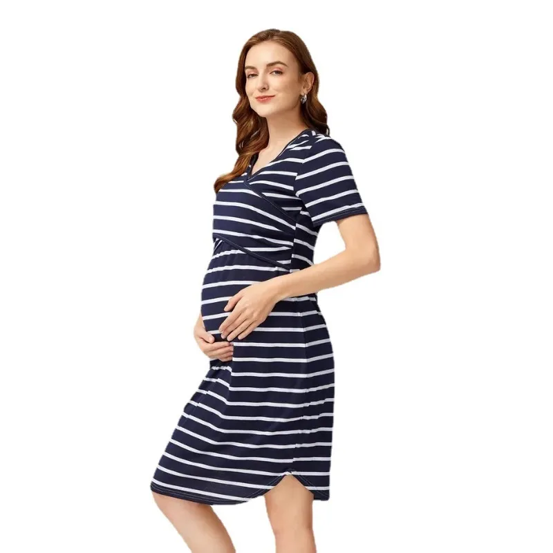 الصيف موضة الاتجاه الساخن بيع مخطط الرضاعة الطبيعية ملابس أمومة لينة مريحة الخامس الرقبة طول الركبة فستان حمل #6