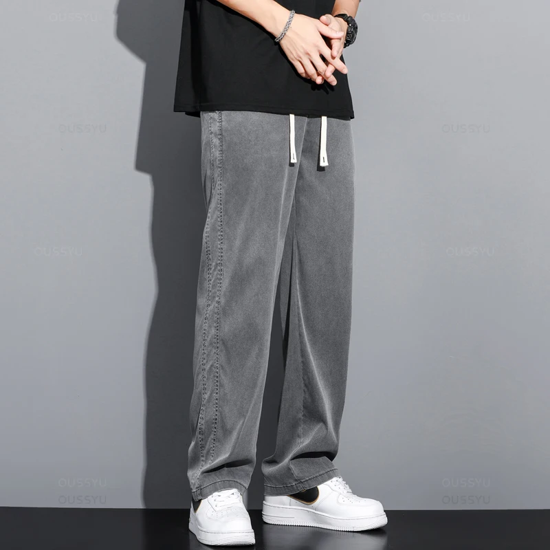 Summer Soft Lyocell Fabric Men\'s Jeans Thin Loose Straight Pants Drawstring Elastic Waist Korea Casual Trousers Plus Size M-5XL