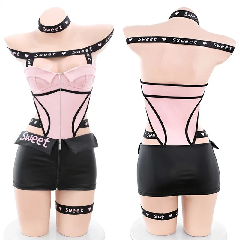 Sexy Girl Car Model Leather Locomotive Uniform Cosplay Costume Women Sweet Pink Bodysuit Mini Skirt Suit Role Play Underwear