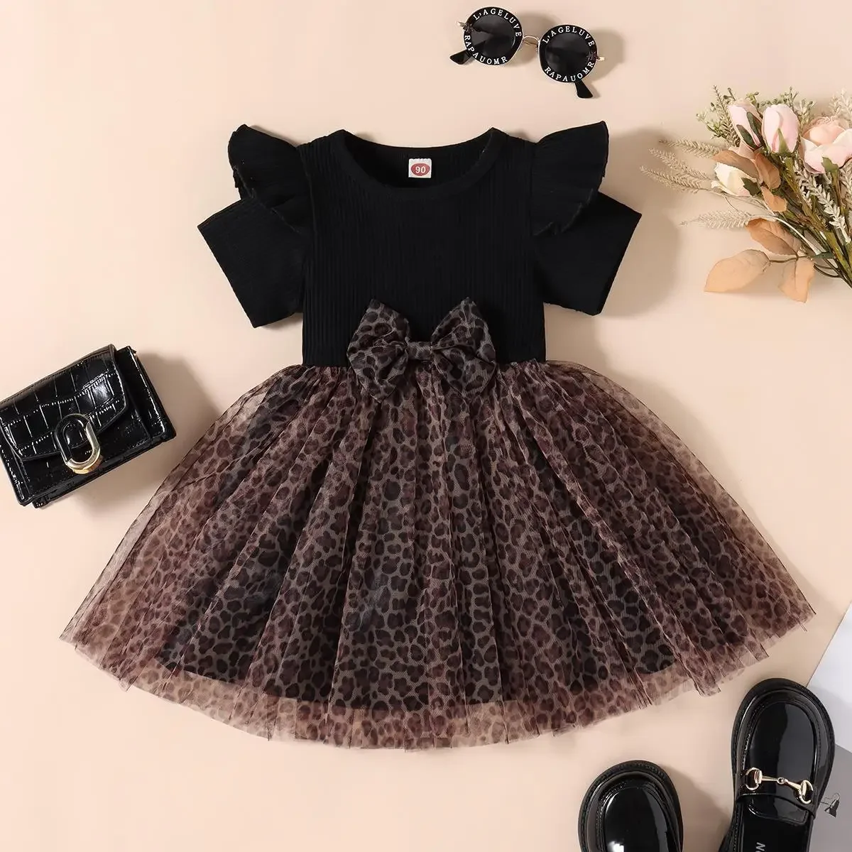 

Cool Style Children Dress Girl Bow Skirt Solid Color Small Flying Sleeves Short Sleeves Leopard Print Mesh Kid Skirt Summer