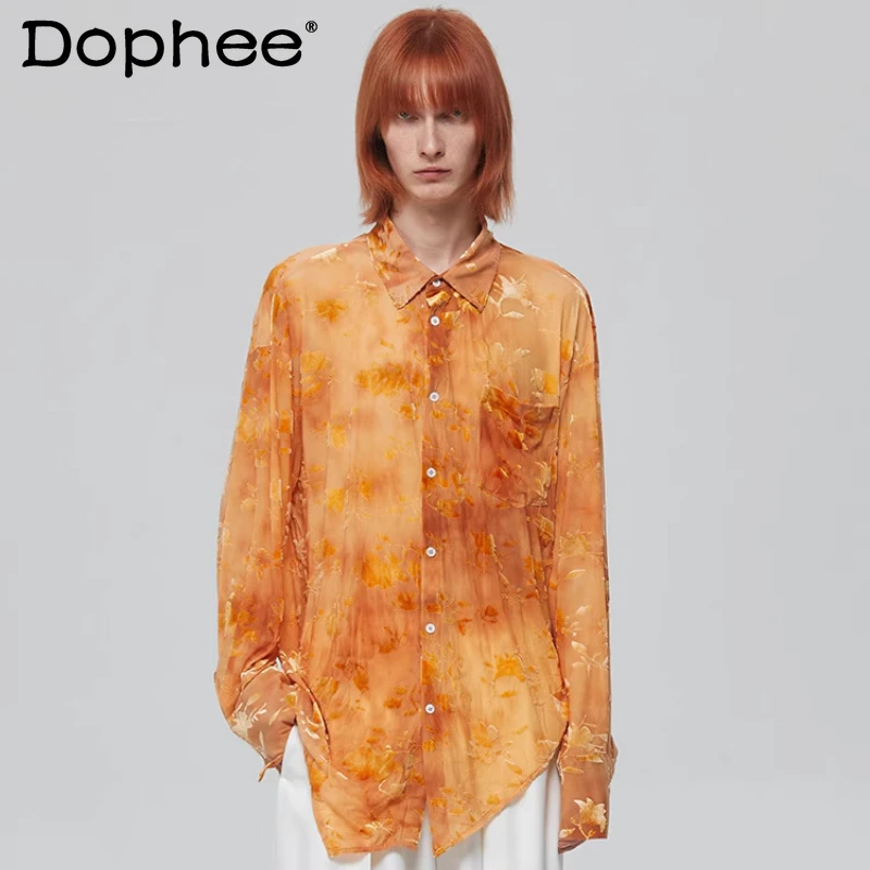 

Men's 2025 Summer New Mesh Gauze Original Retro Micro Transparent Tops Elastic Design Shirts Men's Long Sleeve Cool Chic Shirts