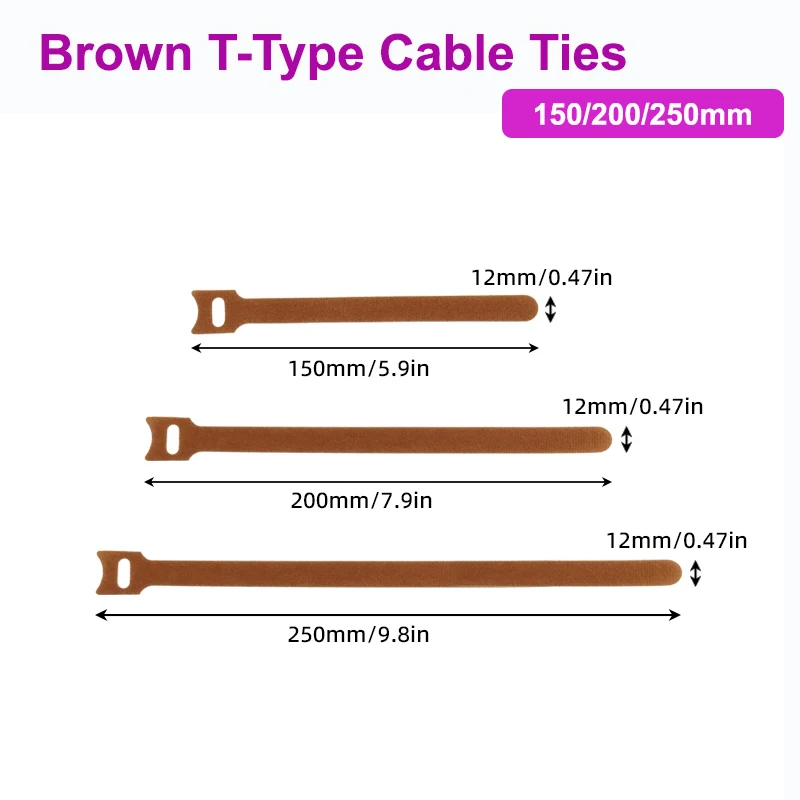 Brown T-type Reusable Cable Tie Adjustable Cord Ties Nylon Cable Management Straps Hook Loop Cord Organizer Wire Fasteners