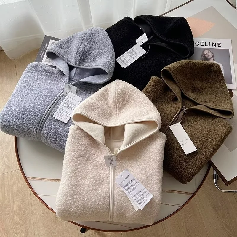 

Warmth Lamb Fur Hooded Zipper Long Sve Outerwear Small U Sle Fce Thiened Casual Loose Fit Ladies Coat Jaet