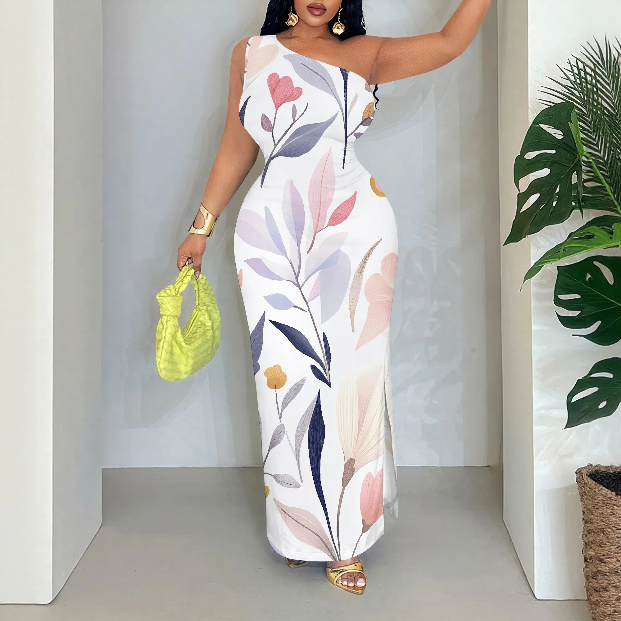 

Floral One Shoulder Maxi Dress, Sleeveless Bodycon Gown, Elegant Summer Party Wear, S-2XL