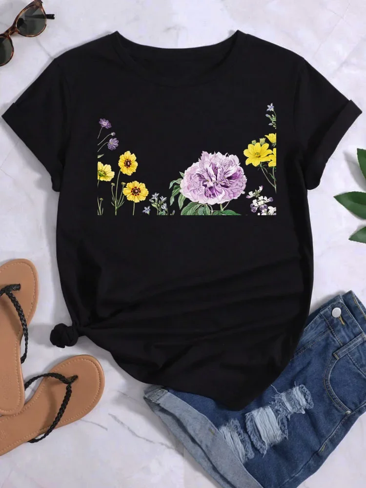 Women's T Shirt Fashion Ladies Tops Moon Flowers Ladies Casual T-Shirts New Round Neck Short-sleeved T-shirts Black T Shirt