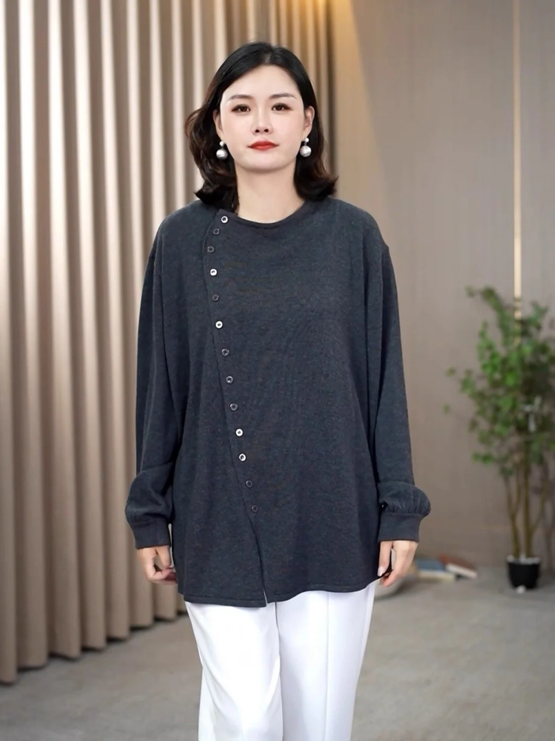 plus Size 300 Pounds Fat MM Casual Long Sleeve Button Splice Top Korean Style Simple Slimming Base Layer T-Shirt for Women