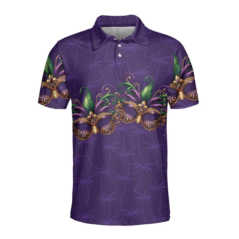 Mardi Gras Graphic Short Sleeve Polo Shirts For Men Clothes Casual Party Carnival Lapel POLO Shirt Hawaiian Women Button Tops