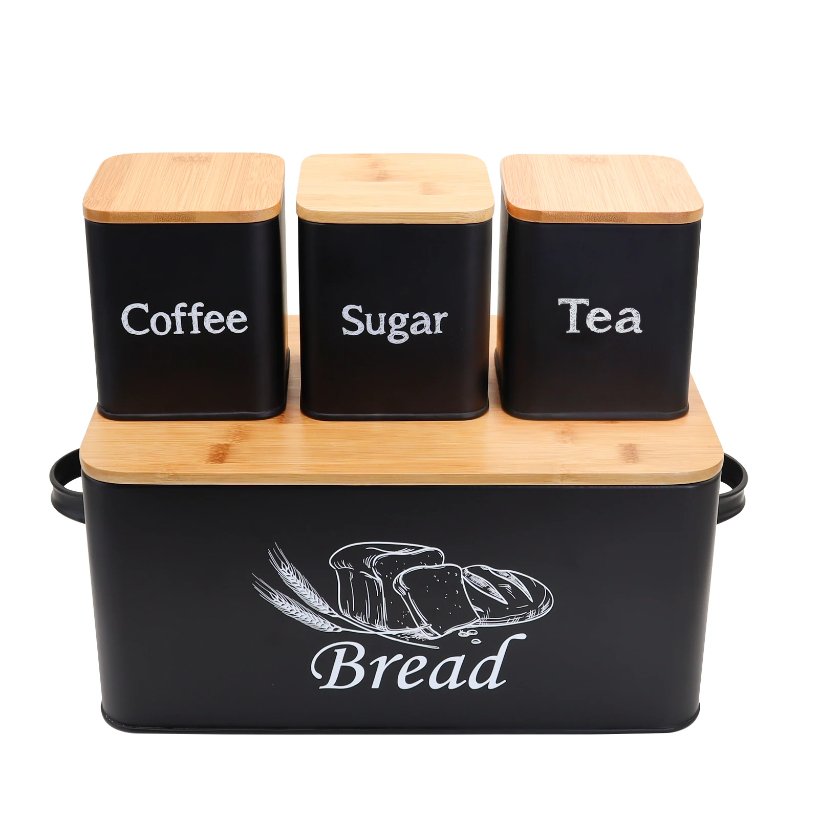 

Food Container Set for Kitchen Countertop Metal Bread Box with Bamboo Board Cover and 3pcs Coffee Sugar Tea Storage Jars