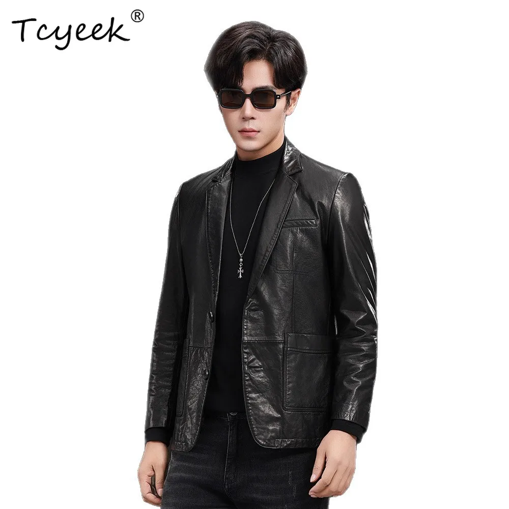 

Tcyeek Real Leather Jacket Men Autumn Clothes Oil Wax Cowhide Coat Thin Style Mens Suit Jackets Trendy Chaqueta Cuero Hombre