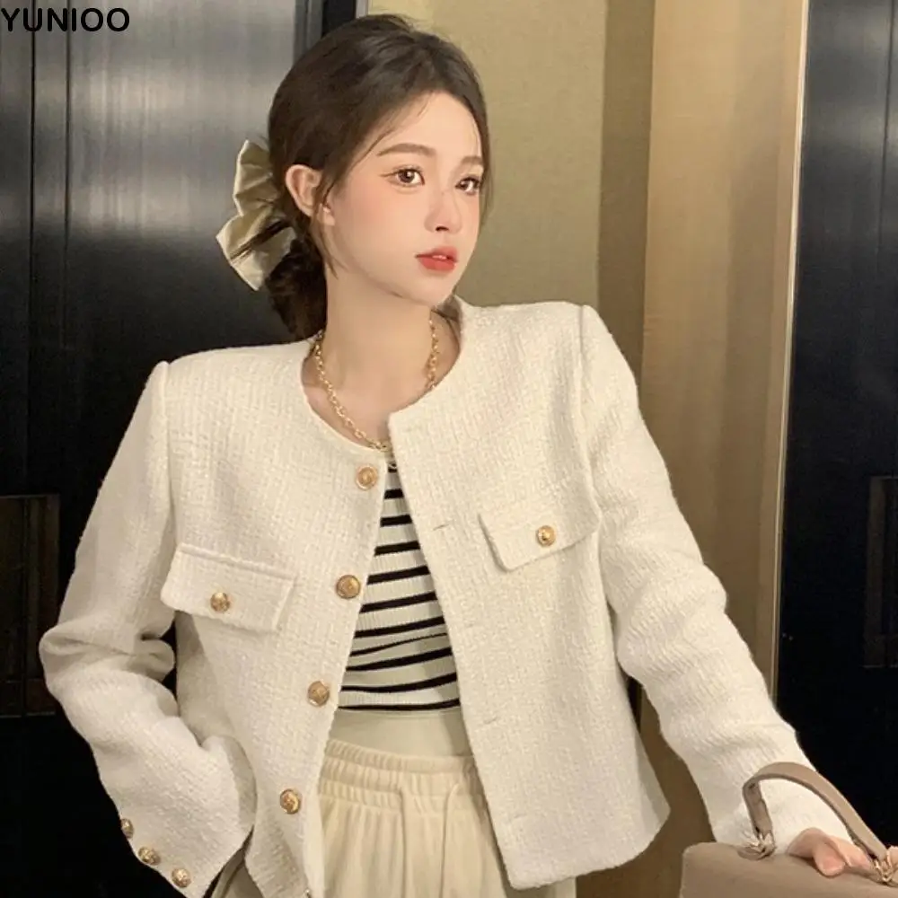 

Тонкая твидовая укороченная куртка с длинными рукавами и пуговицами, женская винтажная верхняя одежда, уличная одежда, темпераментные элегантные короткие пальто, весна-осень