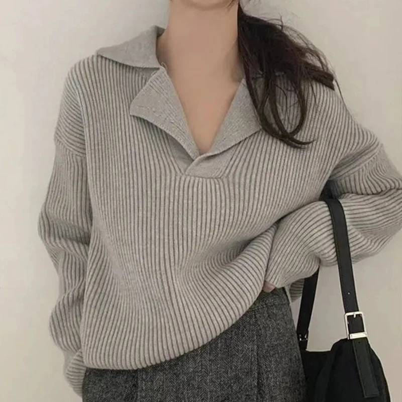 Rimocy Korean Fashion Loose V Neck Sweater Women Chic Long Sleeve Knitted Pullover Woman All Match Keep Warm Jersey Tops Female