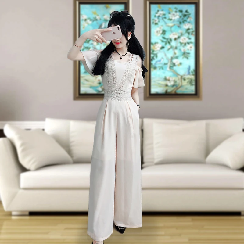 

Milk Color Lace Jumpsuit Women Summer Student Fre Korean Sle Chiffon Long Pants oulder Strap ow oulder Slim New Wom...