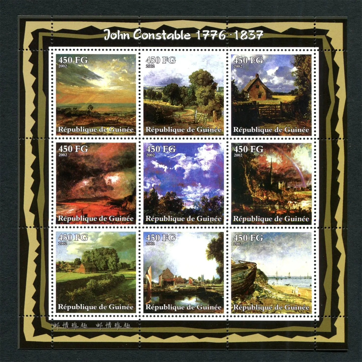 Guinea Post Stamps Year 2002 John Constable Paintings 1 Sheet 9 New Collectible Postage Stamps Material For Scrapbooking