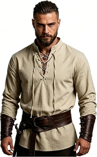 Men Retro Medieval V‑Neck Lace‑Up Long Sleeve Shirt, Adjustable Cuffs Viking Blouse for LARP Casual Daily Wear