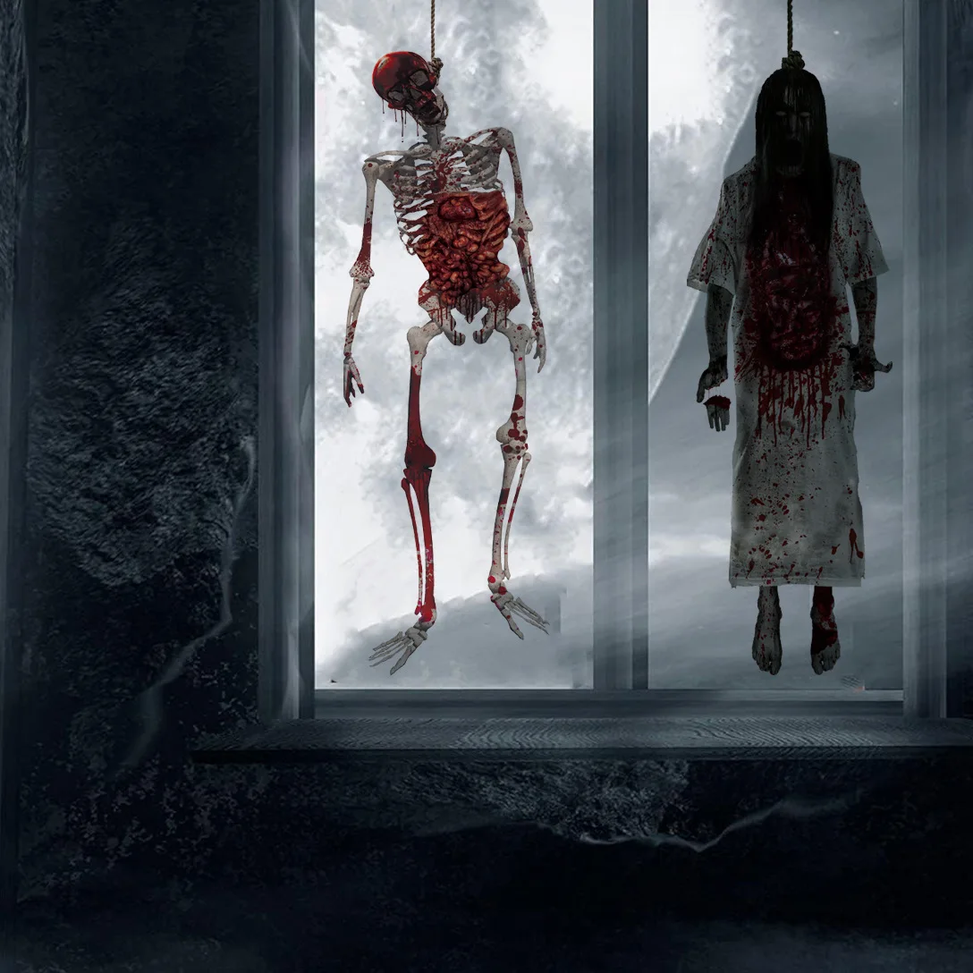 جديد هالوين الهيكل العظمي نافذة ملصق الرهيبة أنثى شبح جدار الزجاج ملصق مائي لحفلة الهالوين منزل مسكون ديكور المنزل الدعائم