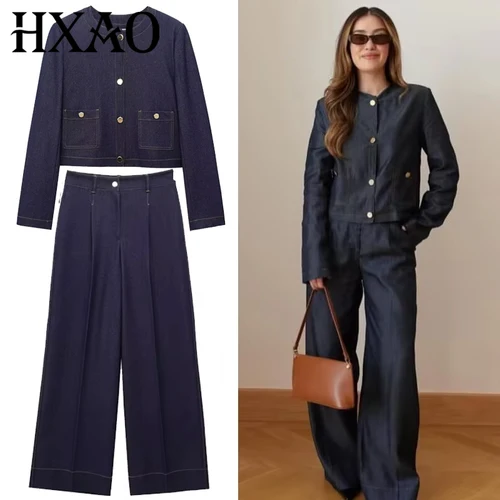 HXAO-Conjunto de pantalones vaqueros para mujer, traje elegante con botones cortos, conjunto superior e inferior, pantalones de cintura alta, conjuntos informales para vacaciones