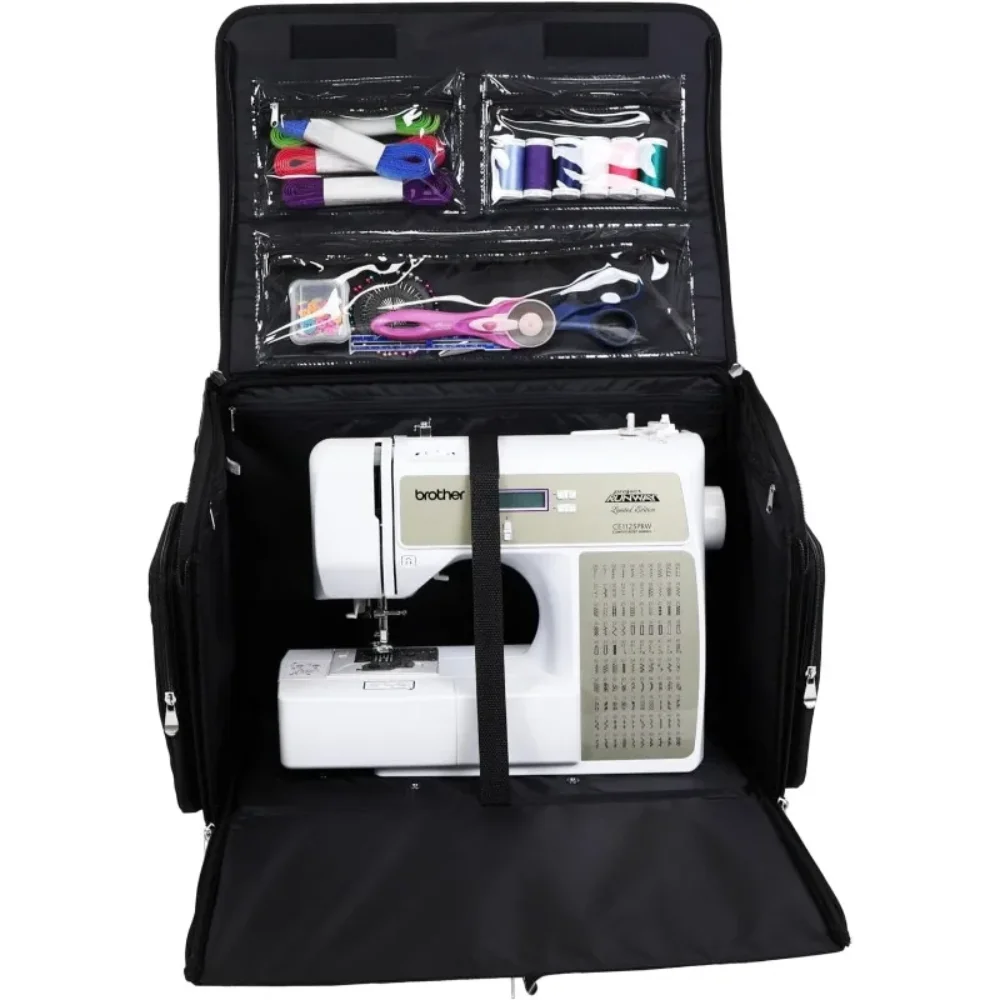 حقيبة تخزين ماكينة الخياطة الفاخرة القابلة للطي ذات 4 عجلات للفنون والحرف اليدوية والخياطة، باللون الأسود - حقيبة حمل بعجلات دوارة #1
