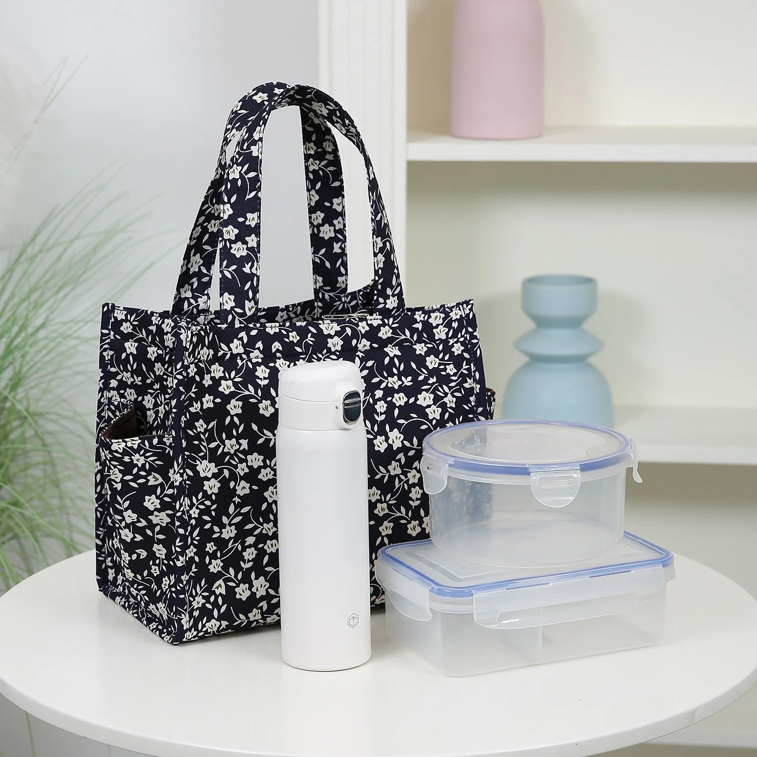 Neue Handtasche aus verdicktem Stoff mit Blumenmuster, Lunch-Tasche, tragbare Lunchbox-Aufbewahrungstasche, Reißverschluss-Design, multifunktionale Tragetasche – Detail 11
