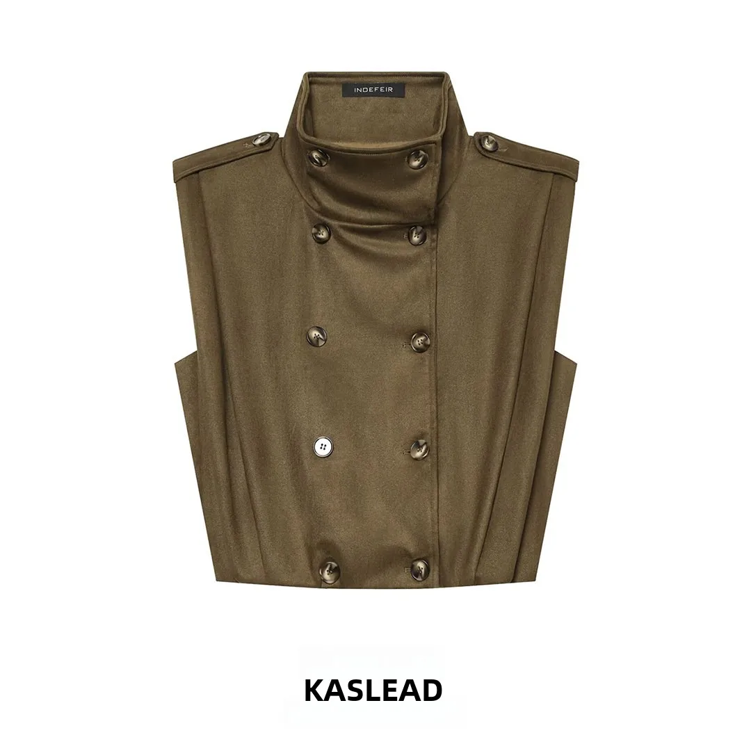 KASLEAD Women's Fashion High-End Pleated Button Vest European Style Polyester Fiber Short Outerwear Autumn Season