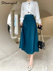 Summer Silk Satin Skirts For Women Midi Office A Line Skirt With Zipper Coffee 2023 Elegant Midi Satin Skirts Women Purple Soft