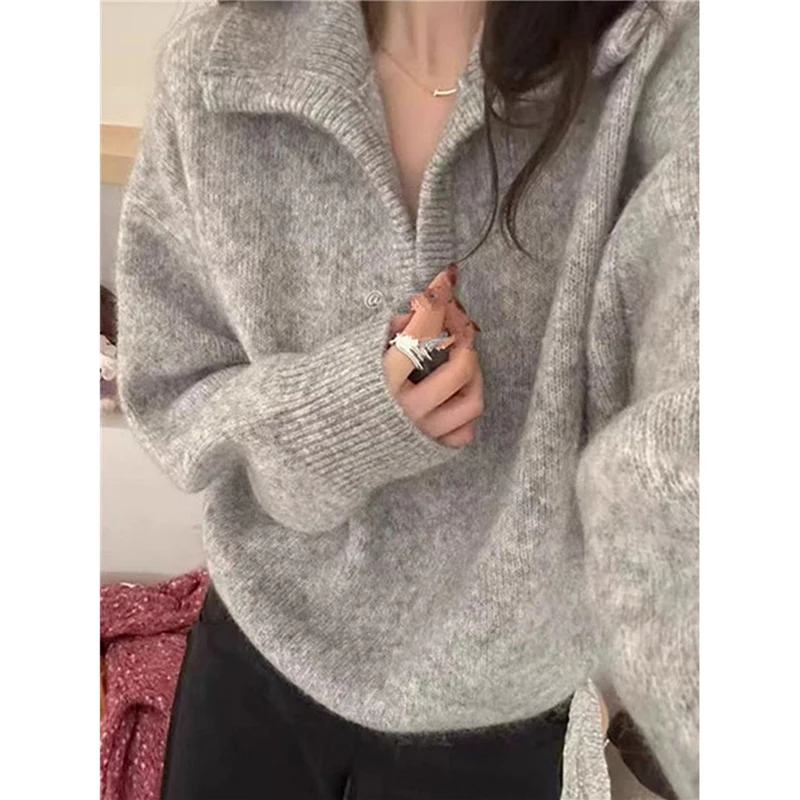 Elegant Grey Women Lapel Collar Sweater Casual Pullover V Neck Knit Top Korean Loose Cozy Winter Outerwear